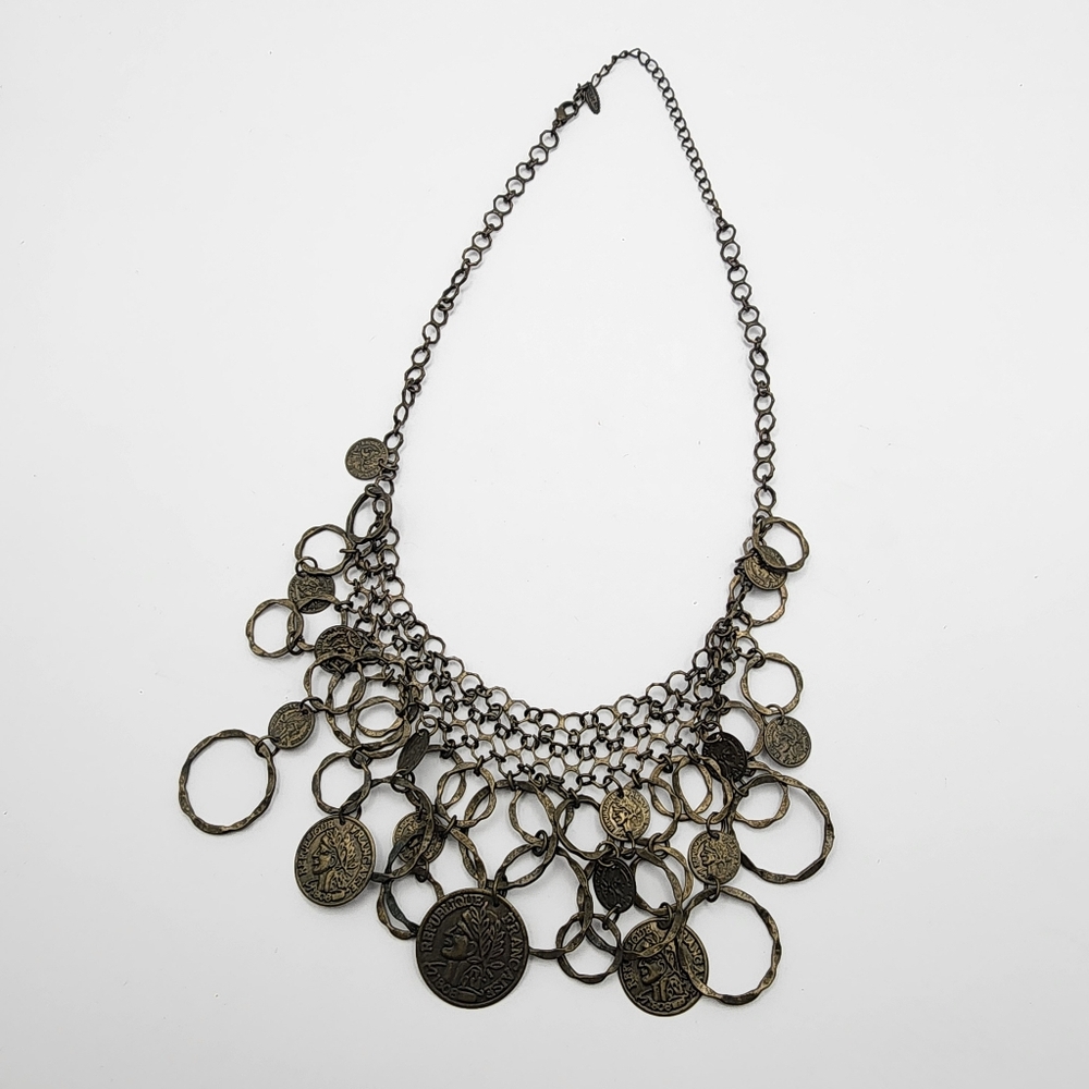Antique Brass Toned Multi-Colored French Republic Coin Statement Necklace